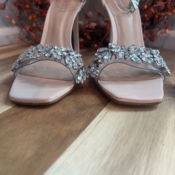 Schutz Vinyl Crystal-Embellished Stiletto Heel Sandal Sz 7.5B Mild Rose Ankle - Picture 13 of 14